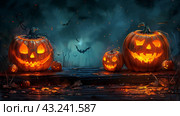 Glowing Jack-O-Lanterns in a Spooky Forest Setting at Night. Стоковое AI-изображение, AI-художник Сергей Толмачёв / Фотобанк Лори