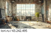 Spacious abandoned dilapidated room with big windows. Стоковое AI-изображение, AI-художник Сергей Толмачёв / Фотобанк Лори