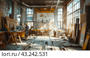 Spacious abandoned dilapidated room with big windows. Стоковое AI-изображение, AI-художник Сергей Толмачёв / Фотобанк Лори