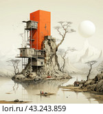 A fantastic scene with a modern architectural structure built into the rock against a minimalist landscape. The main attention is drawn to the tall, bright orange tower, adjacent to which are various residential and technical premises. The structure is surrounded by dead trees, creating a contrast with the smooth surface of the water in the foreground. In the background you can see snow-capped mountains and a large round luminary, which adds a surreal atmosphere to the picture. On the shore you can see a small red car and a man standing on a makeshift raft. Стоковое AI-изображение, AI-художник Анна Кривицкая / Фотобанк Лори