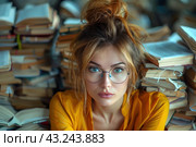 A young woman with long blond hair neatly tied into a bun and large round glasses over her eyes. She sits among many books, creating an atmosphere of hard study or work. She wears a bright yellow blouse that contrasts with the background of books. The woman looks focused and purposeful, her eyes express deep thoughtfulness. The scene conveys a sense of intellectual activity and love of reading. Стоковое AI-изображение, AI-художник Анна Кривицкая / Фотобанк Лори