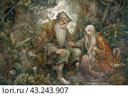 Artistic scene from a Russian folk tale. In the center of the composition are an old man with a long gray beard and a young girl with long blond hair, sitting in the forest among dense vegetation. The old man is dressed in traditional clothes, richly decorated with patterns, and holds a staff in his hand. The girl is dressed in a long dress with floral motifs, sitting next to her with her head bowed. There are lush plants and trees around them, creating the atmosphere of a magical forest. Стоковое AI-изображение, AI-художник Анна Кривицкая / Фотобанк Лори