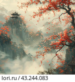 A picturesque scene of an Asian landscape, made in the style of traditional oriental painting. In the foreground are tree branches with bright red leaves that create contrast against the foggy mountain landscape. In the distance you can see majestic mountains and traditional pagodas, surrounded by clouds and fog. Flocks of birds soar in the air, adding dynamics and life to the picture. The overall atmosphere of the image is peaceful and mystical. Стоковое AI-изображение, AI-художник Анна Кривицкая / Фотобанк Лори