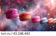 Разноцветные макаруны, летящие в пространстве, на фоне боке. colorful macarons flying in space with a bokeh background. Стоковое AI-изображение, AI-художник Katsiaryna Repich / Фотобанк Лори