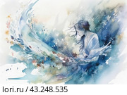 Watercolor painting representing a young girl with long hair, deep in thought. Around it, delicate pastel shades of blue, light blue and beige prevail, creating a soft and calm atmosphere. The painting is filled with smooth lines and abstract shapes reminiscent of waves and leaves, which adds dynamics and a sense of movement to the composition. The image conveys a feeling of harmony, inner peace and dreaminess. Стоковое AI-изображение, AI-художник Анна Кривицкая / Фотобанк Лори