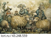 A painting done in the Rococo style depicting scenes of rural life. In the foreground are elegantly dressed women in vintage dresses with hats decorated with flowers, standing among sheep. Women interact with animals, creating an atmosphere of harmony and tranquility. The painting is made in soft pastel colors using soft watercolor transitions, which gives it a romantic and fairy-tale character. In the background you can see fantasy elements and plants, which adds magic and dreaminess to the scene. Стоковое AI-изображение, AI-художник Анна Кривицкая / Фотобанк Лори