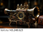 Complex and detailed apparatus in steampunk style. This device, made of metal with copious amounts of decorative elements and engravings, is reminiscent of an antique mechanism or a scientific instrument of the Victorian era. The main elements of the device include large pipes, a dial, metal gears and many small details that give the object an authentic steampunk look. The color scheme of the device consists of gold, bronze and black shades, creating the impression of high cost and sophistication. Стоковое AI-изображение, AI-художник Анна Кривицкая / Фотобанк Лори