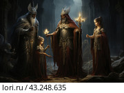 A group of four people in a fantastic setting. Three adults and one child, dressed in rich armor and capes, made in a medieval style with fantasy elements. All characters wear helmets or crowns encrusted with jewels on their heads. The central figure is a man with a beard holding a staff with a bright glowing crystal. Next to him stand two young girls, also dressed in armor, and an old man with a long white beard. The atmosphere of the scene is dark and mysterious, with architectural elements of an ancient temple or dungeon in the background. The light from the crystal and the torch held by one of the girls illuminates the characters' faces, creating dramatic lighting. Стоковое AI-изображение, AI-художник Анна Кривицкая / Фотобанк Лори