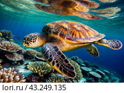 Green sea Turtle (Testudines) mammal swimming in tropical underwaters. Turtles in underwater wild animal world. Observation of wildlife ocean. Scuba diving adventure in Ecuador coast. Copy text space. Стоковое AI-изображение, AI-художник Aleksandr Golubev / Фотобанк Лори
