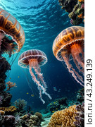 Jellyfish (Cubozoa) swimming in tropical underwaters bottom view. Medusa in underwater wild animal world. Observation of wildlife ocean. Scuba diving in Ecuador coast. Copy text space. Стоковое AI-изображение, AI-художник Aleksandr Golubev / Фотобанк Лори
