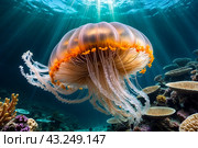 Jellyfish (Cubozoa) swimming in tropical underwaters bottom view. Medusa in underwater wild animal world. Observation of wildlife ocean. Scuba diving in Ecuador coast. Copy text space. Стоковое AI-изображение, AI-художник Aleksandr Golubev / Фотобанк Лори