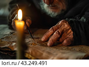 Пожилой человек в старинном одеянии пишет пером при свечах. Стоковое AI-изображение, AI-художник Щеголева Ольга / Фотобанк Лори
