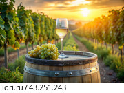 A glass of white wine and a bunch of ripe grapes on a wooden oak barrel against the background of a vineyard. Стоковое AI-изображение, AI-художник Photojuli / Фотобанк Лори