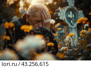Пожилой мужчина горюет у могилы на кладбище. Стоковое AI-изображение, AI-художник Щеголева Ольга / Фотобанк Лори