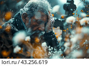Пожилой мужчина горюет у могилы на кладбище. Стоковое AI-изображение, AI-художник Щеголева Ольга / Фотобанк Лори