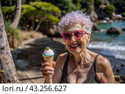 Portrait of an extraordinary, stylish, fashionable elderly woman, a pensioner of 70 years old, with ice cream in her hands on vacation on the beach by the sea. The concept of happy seniors and delicious desserts. Стоковое AI-изображение, AI-художник Photojuli / Фотобанк Лори