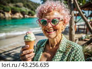 Portrait of an extraordinary, stylish, fashionable elderly woman, a pensioner of 70 years old, with ice cream in her hands on vacation on the beach by the sea. The concept of happy seniors and delicious desserts. Стоковое AI-изображение, AI-художник Photojuli / Фотобанк Лори