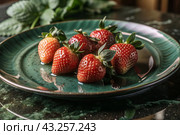 Close-up of fresh strawberries. Delicious berries and fruits are bright red with drops of water. Vegetarianism. Healthy eating. Fresh fruits on the table. Стоковое AI-изображение, AI-художник Photojuli / Фотобанк Лори