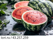 Close-up of fresh watermelon berries. Delicious berries and fruits of bright red color with drops of water. Vegetarianism. Healthy eating. Fresh fruits on the table. Стоковое AI-изображение, AI-художник Photojuli / Фотобанк Лори