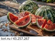 Close-up of fresh watermelon berries. Delicious berries and fruits of bright red color with drops of water. Vegetarianism. Healthy eating. Fresh fruits on the table. Стоковое AI-изображение, AI-художник Photojuli / Фотобанк Лори