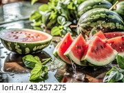 Close-up of fresh watermelon berries. Delicious berries and fruits of bright red color with drops of water. Vegetarianism. Healthy eating. Fresh fruits on the table. Стоковое AI-изображение, AI-художник Photojuli / Фотобанк Лори