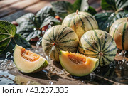 Close-up of fresh melons. Delicious berries and fruits are bright yellow in color with drops of water. Vegetarianism. Healthy eating. Fresh fruits on the table. Стоковое AI-изображение, AI-художник Photojuli / Фотобанк Лори
