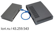 Сетевой коммутатор с подключенными разноцветными сетевыми кабелями. Closeup of network cables connected to router on white. Стоковое фото, фотограф Татьяна Д / Фотобанк Лори