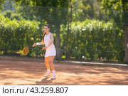 A woman is playing tennis on a clay court. Стоковое фото, фотограф Константин Шишкин / Фотобанк Лори