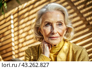 Minimalism. A studio portrait of a stylish, elegant elderly woman, a pensioner of 70 years old, in an interior and clothes of calm tones. The concept of the elderly. Стоковое AI-изображение, AI-художник Photojuli / Фотобанк Лори