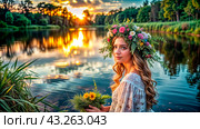 Beautiful woman on the shore of the lake on the day of Ivan Kupala. Стоковое AI-изображение, AI-художник Виктория Кольцова / Фотобанк Лори