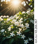 Jasmine Jasminum officinale in olive family of Oleaceae cultivated for tea fragrance. White flowers with yellow centers, blooming on a bush with green leaves. Sun shines brightly in background. AI. Стоковая иллюстрация, иллюстратор Юлия Петровская / Фотобанк Лори