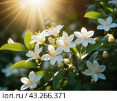 Jasmine Jasminum officinale in olive family of Oleaceae cultivated for tea fragrance. White flowers with yellow centers, blooming on a bush with green leaves. Sun shines brightly in background. AI. Стоковая иллюстрация, иллюстратор Юлия Петровская / Фотобанк Лори