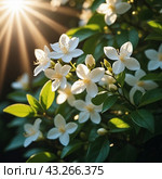 Jasmine Jasminum officinale in olive family of Oleaceae cultivated for tea fragrance. White flowers with yellow centers, blooming on a bush with green leaves. Sun shines brightly in background. AI. Стоковая иллюстрация, иллюстратор Юлия Петровская / Фотобанк Лори
