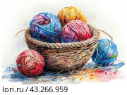 A basket filled with colorful balls of yarn. The basket is woven from natural materials, which adds coziness and rustic style to the image. The balls of yarn come in a variety of shades such as blue, pink, orange and mixed colors to create a vibrant and eye-catching visual effect. The background of the image is made in watercolor technique with multi-colored spots and splashes, which adds dynamics and liveliness to the composition. Стоковое AI-изображение, AI-художник Анна Кривицкая / Фотобанк Лори