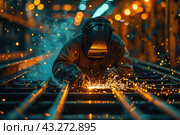 Activity, ai, around, atmosphere, background, between, blue, blurred, bright, but, clothes, cold, contrast, creating, design, dynamics, effect, emphasizing, engineering, entertainment, entire, equipment, face, fire, generated, glare, heat, hidden, high, him, his, hues, industrial, industry, intense, iron, job, labor, large, light, lights, lit, lot, manufacturing, mask, mechanics, metal, metallurgy, orange, process, professional, protecting, protective, safety, scene, shop, skill, smoke, sparks, structures, technologies, technology, there, under, vibrant, visible, warm, welder, welding, work, working, workplace, workshop, yellow. Стоковое AI-изображение, AI-художник Анна Кривицкая / Фотобанк Лори