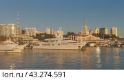 Вид на морской порт Сочи с воды (2024 год). Редакционное видео, видеограф Сергей Татаринцев / Фотобанк Лори