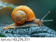 Macro beautiful lovely snail in grass with morning dew. Snail Muller gliding on the wet leaves. Large white mollusk snails with brown striped shell. Стоковое AI-изображение, AI-художник Ирина Михайличенко / Фотобанк Лори