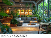 Elegant coworking office featuring a bright airy environment with green plants and partitioned spaces. Стоковое AI-изображение, AI-художник Ирина Михайличенко / Фотобанк Лори