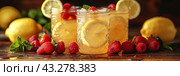 Refreshing lemonade with strawberries and raspberries in glass jars, perfect for summer drinks and picnics. Стоковое AI-изображение, AI-художник Мария Фадеева / Фотобанк Лори