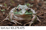 A frog sitting on the ground with its eyes open, AI. Стоковое AI-изображение, AI-художник Сергей Старуш / Фотобанк Лори
