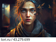 A young girl with a serious and determined expression on her face, her eyes full of determination and strength. She is dressed in tattered clothing that appears to be a uniform or protective gear, and her face and clothing are stained with dirt and dust. Decorative elements are visible in her hair, and small birds fly nearby, creating a contrast between the severity of her appearance and the tenderness of nature. The background is dark, but warm rays of light shine through the shadows, adding drama and depth to the scene. Стоковое AI-изображение, AI-художник Анна Кривицкая / Фотобанк Лори
