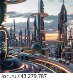 A futuristic city with tall skyscrapers and technologically advanced infrastructure. The city's architecture includes sleek, modern buildings with neon lights and illuminated panels. A complex transport hub with highways and overpasses along which high-tech vehicles move is visible. The city is illuminated by the soft light of sunset, giving the scene a warm and subdued tone. The sky is decorated with clouds, creating a contrast with the advanced and futuristic cityscape. Стоковое AI-изображение, AI-художник Анна Кривицкая / Фотобанк Лори