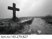 The black and white image shows a wooden cross with the crucifixion of Jesus Christ installed on a deserted and gloomy shore. The cross is partially surrounded by dried grass and branches, creating a feeling of desolation and loneliness. In the background there is a gray, foggy horizon and small waves of the ocean or sea, creating a dark and mysterious atmosphere. Water flows along the shore, emphasizing the harshness and coldness of the surrounding landscape. Стоковое AI-изображение, AI-художник Анна Кривицкая / Фотобанк Лори
