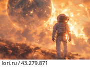 Astronaut in a full space suit standing on a rocky landscape under the light of a huge celestial body like a planet or star. The luminary emits a bright orange-golden light, creating a glowing effect and illuminating the clouds and landscape around it. The astronaut looks small against the backdrop of this majestic celestial phenomenon, which emphasizes the scale and grandeur of outer space. The image symbolizes the exploration of new worlds, technological progress and the greatness of the Universe. Стоковое AI-изображение, AI-художник Анна Кривицкая / Фотобанк Лори