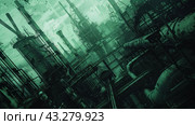 An industrial complex consisting of many pipes, tanks, chimneys and other industrial structures. Factory buildings are shown in gloomy greenish tones, which creates an atmosphere of technogenic dystopia. The low perspective view highlights the scale and complexity of the infrastructure. Smoke and steam rising from the chimneys add drama and dynamics to the picture. This image is suitable for illustrations related to industry, energy and urbanization. Стоковое AI-изображение, AI-художник Анна Кривицкая / Фотобанк Лори