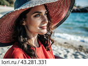 Summer vacation on the beach, Close-up of a beautiful woman in a straw hat. Summer time. Rest and vacation, a place to copy. Стоковое AI-изображение, AI-художник Photojuli / Фотобанк Лори