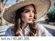 Summer vacation on the beach, Close-up of a beautiful woman in a straw hat. Summer time. Rest and vacation, a place to copy. Стоковое AI-изображение, AI-художник Photojuli / Фотобанк Лори