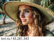 Summer vacation on the beach, Close-up of a beautiful woman in a straw hat. Summer time. Rest and vacation, a place to copy. Стоковое AI-изображение, AI-художник Photojuli / Фотобанк Лори