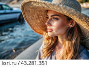 Summer vacation on the beach, Close-up of a beautiful woman in a straw hat. Summer time. Rest and vacation, a place to copy. Стоковое AI-изображение, AI-художник Photojuli / Фотобанк Лори