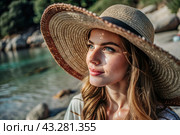 Summer vacation on the beach, Close-up of a beautiful woman in a straw hat. Summer time. Rest and vacation, a place to copy. Стоковое AI-изображение, AI-художник Photojuli / Фотобанк Лори